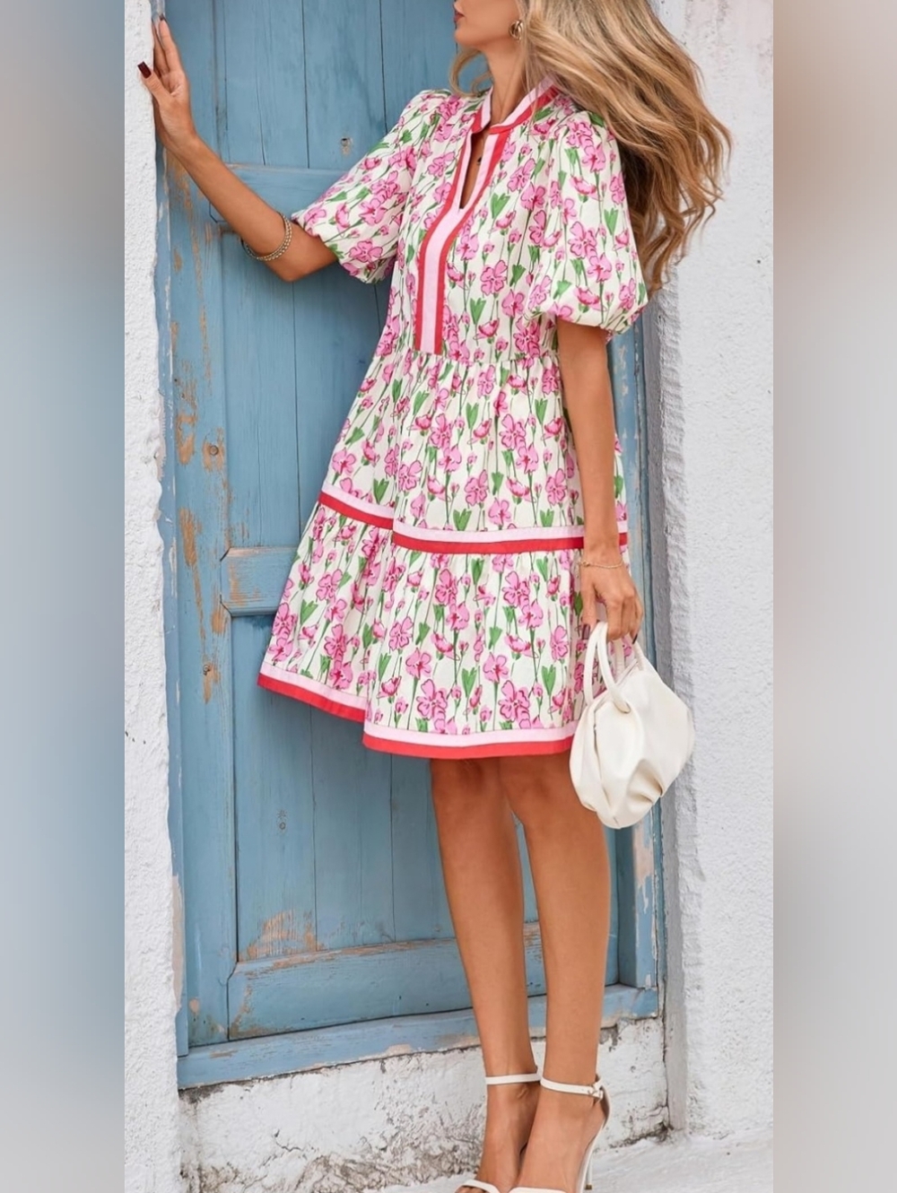 Floral Babydoll Mini Dress Size L 12-14 Cotton Puff Sleeve Spring Summer - Picture 5 of 6